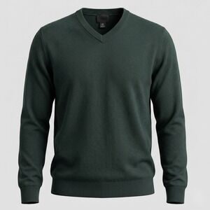 H&M Mens Large Green Cotton V-Neck Pullover Sweater Classic Knit‎ Long Sleeve